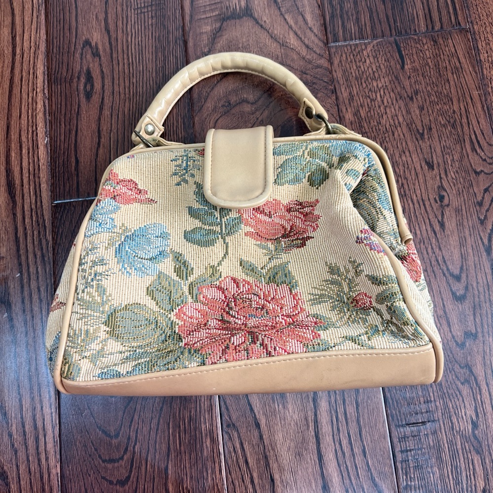 Floral Tapestry Handbag - Tan and Multicolor